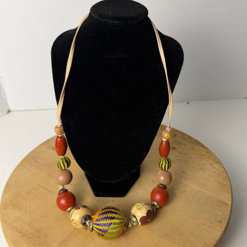 VTG Handmade World Cultures Bead Statement Necklace Woven Fiber Clay Boho 27”